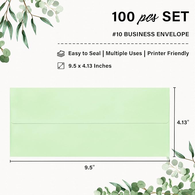 100 Pack #10 Business Envelopes, Self Seal Standard Light Green Envelopes - Image 2