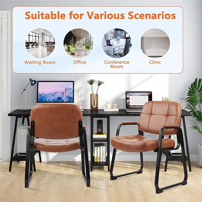 CLATINA Big & Tall 500 lbs Waiting Room Chairs with Padded Armrests and Sled Base, Leather Stationary No Wheels Office Guest Chair for Reception Lobby Home and Meeting Conference, Brown (2 Pack)-DeskLoop Office