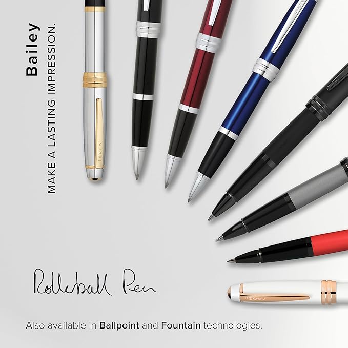 Cross Bailey Refillable Rollerball Pen Presented in a Premium Gift Box - Medium Point, Black Ink, White & Rose Gold-DeskLoop Office