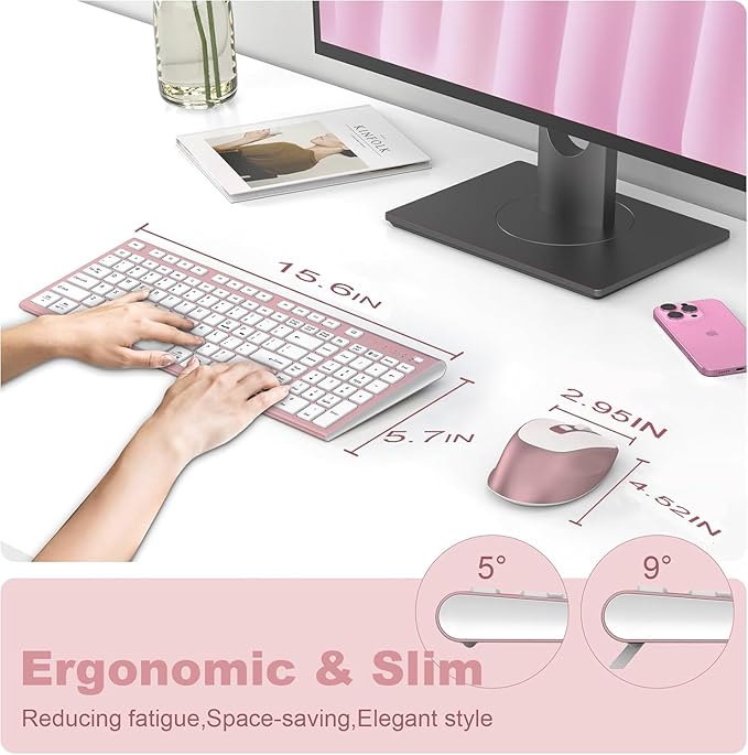 FENIFOX Wireless Keyboard and Mouse, Ergonomic Rechargeable Silent Quiet Slim Compact Full-Size USB C with Number Pad Flat Soft Cover for PC Computer Laptop Mac MacBook iMac Windows - Pink Rose Gold-DeskLoop Office
