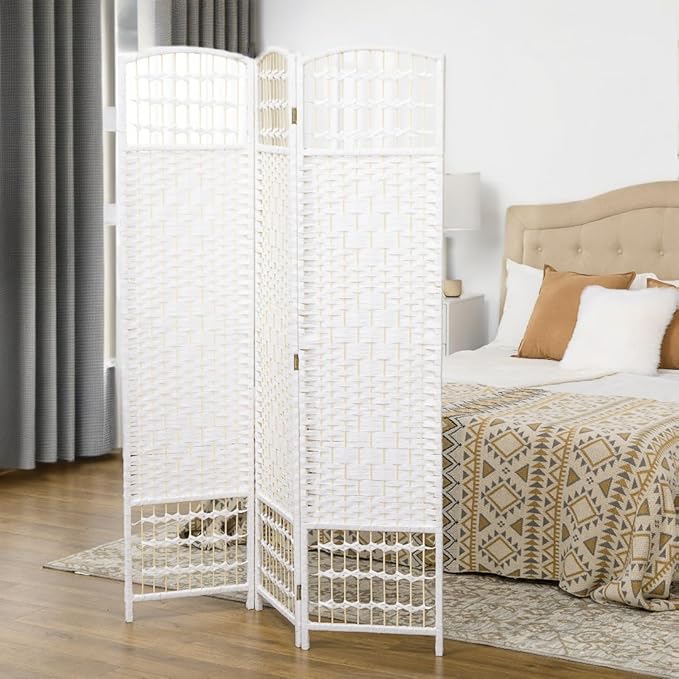 NicBex Room Divider 3 Panel Room Dividers with Woven Paper Design Partition Room Dividers and Folding Privacy Screens 5.6 FT Wall Divider for Office, Room Separation,47.25" W x 0.5" D x 67" H, White-DeskLoop Office