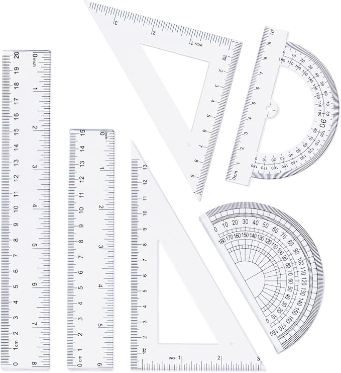 Geometry Set, 6-Piece Clear Plastic Math Ruler, Drafting Ruler Kit Includes Protractor, Triangle Ruler, Straight Ruler-Math Measurement Tools for Students, School and Office Supplies-DeskLoop Office
