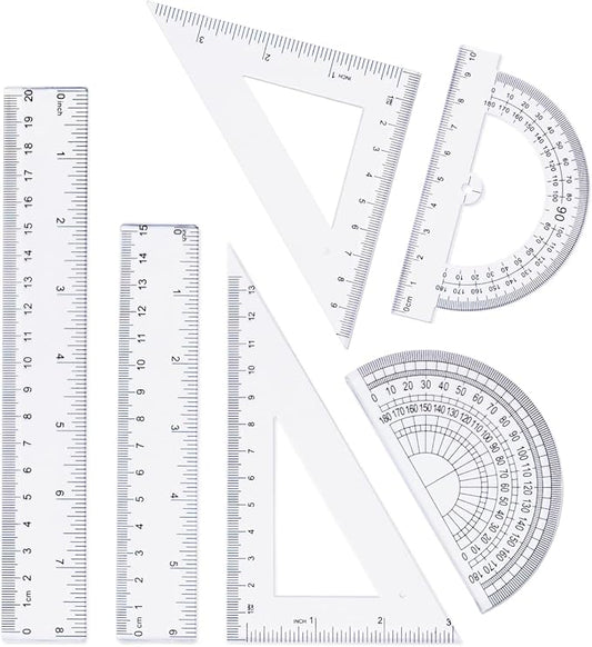 Geometry Set, 6-Piece Clear Plastic Math Ruler, Drafting Ruler Kit Includes Protractor, Triangle Ruler, Straight Ruler-Math Measurement Tools for Students, School and Office Supplies-DeskLoop Office