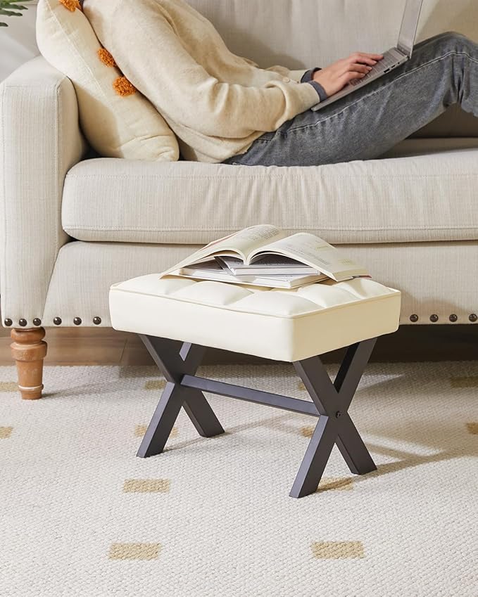 IBUYKE Small 12" H Footrest Stool, Square PU Foot Stool with Metal X-Leg, Multi-Use as Small Side Table, Step Stool for Living Room, Bedroom, Entryway, Office, White WBD012W-DeskLoop Office