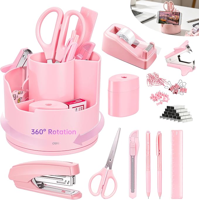 deli Pink Office Supplies, 14 in 1 Desk Accessories Set by delioffice