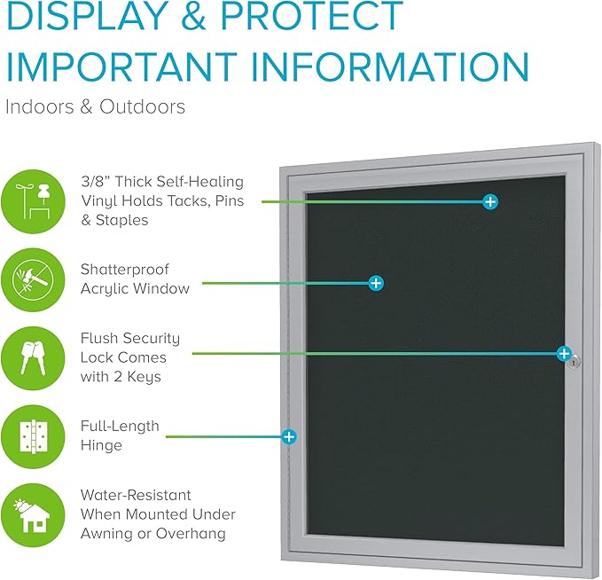Ghent 24"x18" 1-Door Outdoor Enclosed Vinyl Bulletin Board, Shatter Resistant, with Lock, Satin Aluminum Frame - Ebony (PA12418VX-183), Made in the USA-DeskLoop Office