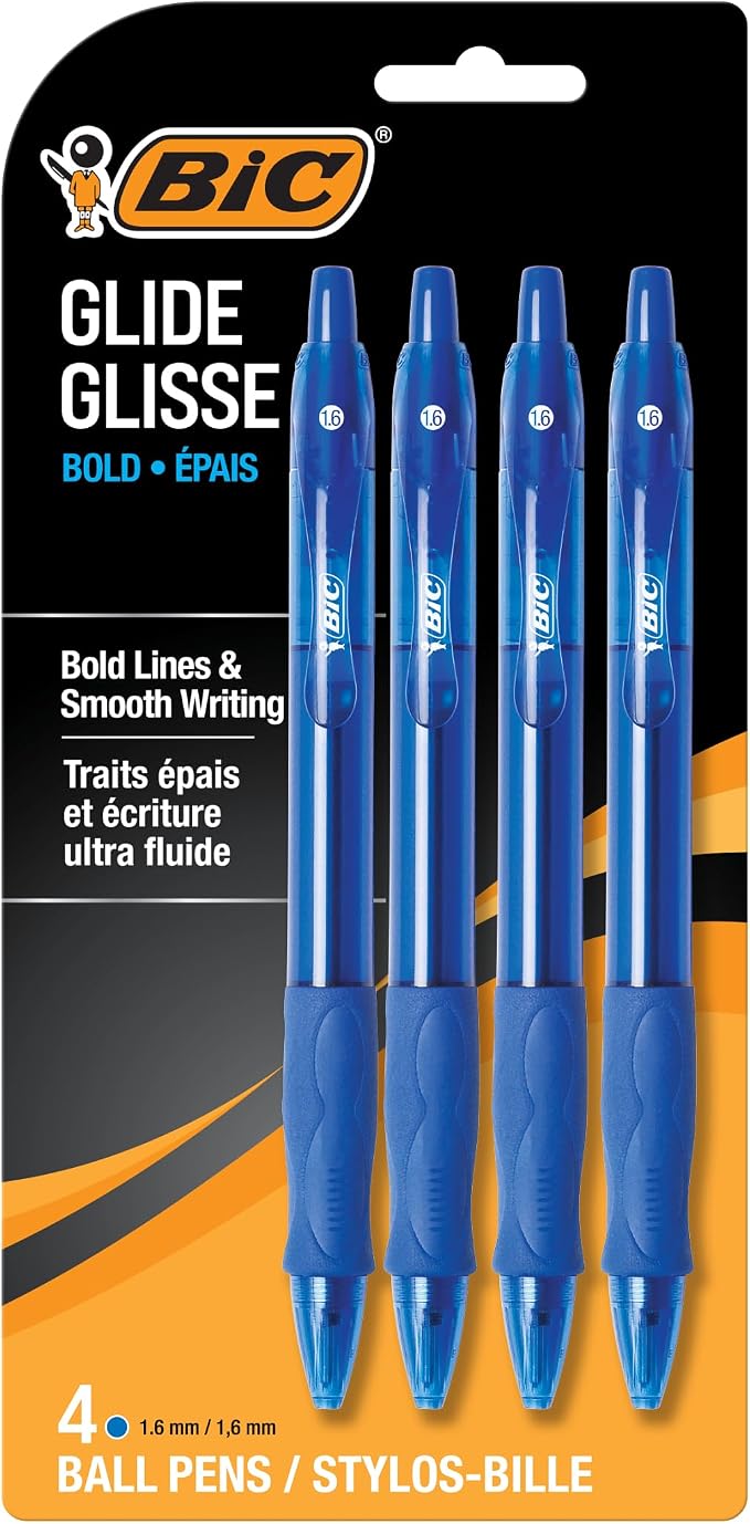 BIC Glide Bold Blue Ballpoint Pens, Bold Point, 4-Count Pack, Retractable by BIC