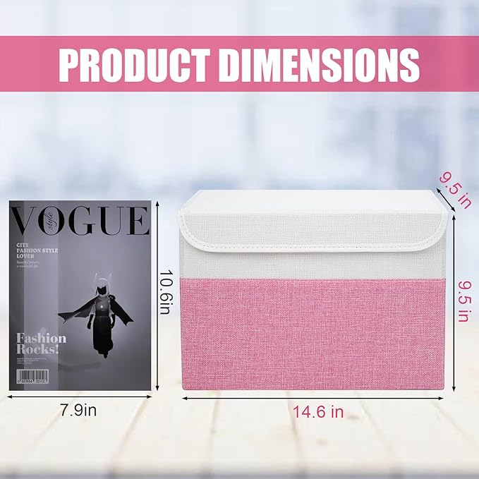 Large 22 Quart Linen Fabric Foldable Storage Bin Cube Organizer Basket with Flip-Top Lid & Handles, Clothes Blanket Box for Home, Office, Closet, Pink & White, 4 Pack 14.6 x 9.5 x 9.5-DeskLoop Office