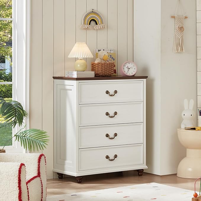 Farmhouse 4 Drawer Dresser Set of 2 for Bedroom, 37" Tall Rustic Chests of Drawers w/ 4 Solid Wood Feet, Mid Century Vintage Wooden Closet Storage Dressers Organizer for Living Room, White-DeskLoop Office