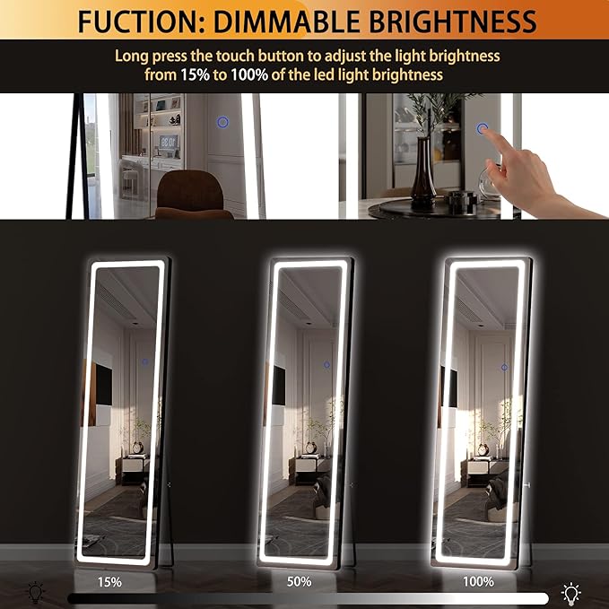 Hasipu Full Length Mirror with Lights, 56" x 16" LED Floor & Wall Mounted, Full Body Dressing Mirror for Bedroom, Living Room, Cloakroom – Round Black-DeskLoop Office