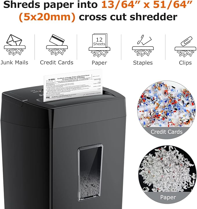 Bonsaii 12-Sheet Cross Cut Paper Shredder, 5.5 Gal Home Office Heavy Duty Shredder for Paper, Credit Card, Mail, Staples, with Transparent Window, High Security Level P-4 (C275-A)-DeskLoop Office