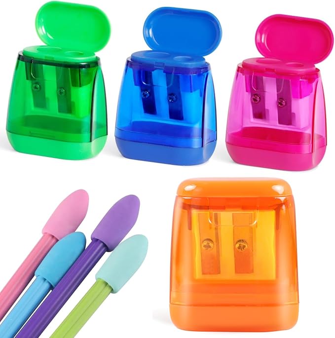 Pencil Sharpener Set – 4 Dual Hole Manual Sharpeners + 4 Pencil Top Erasers by Aipker