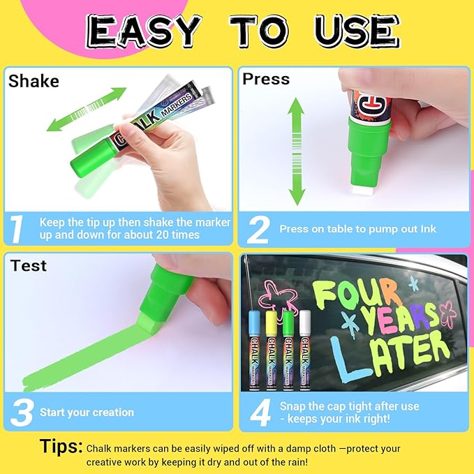 Jumbo Chalk Window Markers for Cars Glass Washable: 8 Colors Liquid Chalk Markers Pen with 10mm Wide Tip, Chalkboard Marker, Window Paint Marker for Car Window, Blackboard, Auto Windshield Decorations-DeskLoop Office