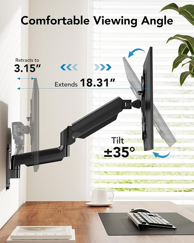 HUANUO Computer Monitor Wall Mount for 22 to 35 inch Flat Curved Screens, Single Wall Mount Monitor Arm Holds up to 26.4lbs, Height Adjustable Full Motion Gas Springcore Vesa Mount, Max 200x200mm-DeskLoop Office