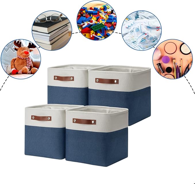 DULLEMELO [Set of 4 Storage Cubes Baskets for Organizing, 11 x 11 x 11 inch Cube Storage Organizer Bins with Leather Handles, Foldable Fabric Cloth Bins for Cube Storage(4 Pack - 11" White&Blue)-DeskLoop Office