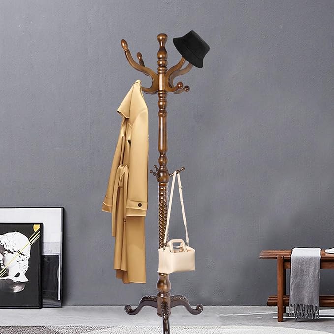 Coat Racks FreeStanding with 11 Hooks, Natural Wood Coat Rack with Tri-Legged Base, Adjustable Height Coat Racks, Easy Assembly for Hallway, Bedroom and Office (Walnut-Tri-Legged Base)-DeskLoop Office