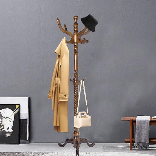 Coat Racks FreeStanding with 11 Hooks, Natural Wood Coat Rack with Tri-Legged Base, Adjustable Height Coat Racks, Easy Assembly for Hallway, Bedroom and Office (Walnut-Tri-Legged Base)-DeskLoop Office