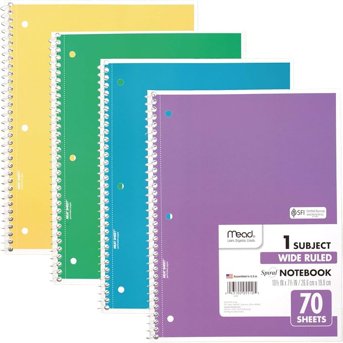 Mead Spiral Notebook, 4 Pack, 1 Subject, Wide Ruled Paper, 7-1/2" x 10-1/2" by Mead