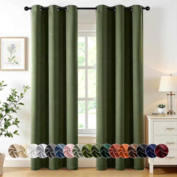 MIULEE Olive Green Blackout Curtains for Bedroom Living Room 84 Inches Long 2 Panels, Thermal Insulated Room Darkening Drapes Solid Grommet Top Noise Reducing Dark Green Window Treatments 40x84 Inch-DeskLoop Office