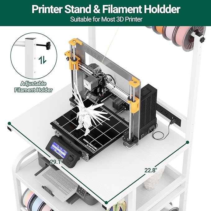 Homieasy Printer Stand with Charging Station, 29.1" x 22.8" Large 3D Printer Table with Filament Storage, Heavy Duty Rolling Printer Cart with 4-Tier Storage for Workshop/Office/Garage, White-DeskLoop Office