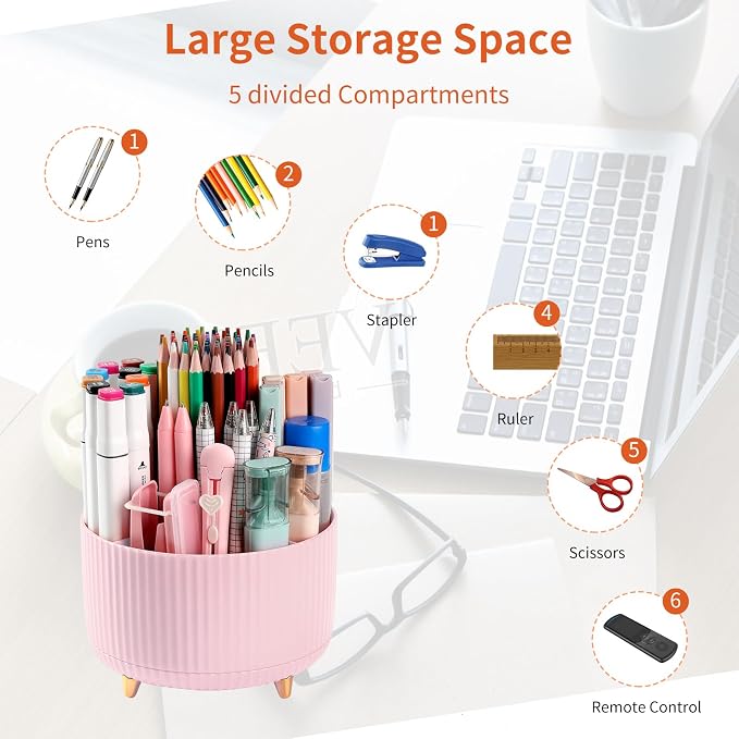 Desk Pencil Pen Holder, 5 Slots 360°Degree Rotating Organizers - Image 3