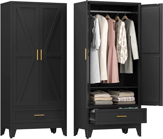 Farmhouse Wardrobe Cabinet with One Drawers,Metal Wardrobe Closet with Hanging Rod,Metal Armoire with Adjustable Shelves for Bedroom,Living Room, Cloak Room,Office (Blue)-DeskLoop Office