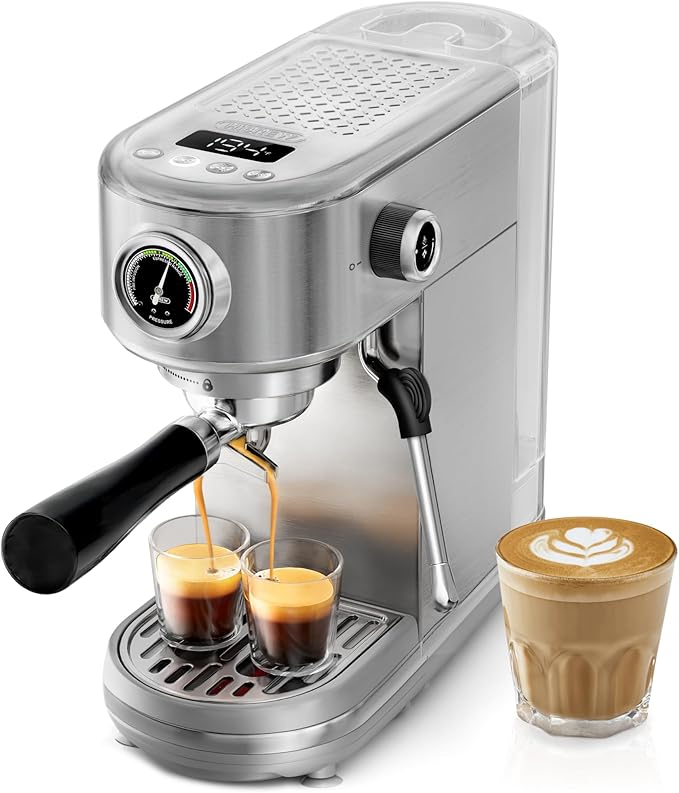 HIBREW H10B - 51mm Espresso Machine - Temperature & Cup Volume Adjustable at will - With Intelligent Display Screen & Pressure Gauge - Stainless Steel Body(Metallic Grey)-DeskLoop Office