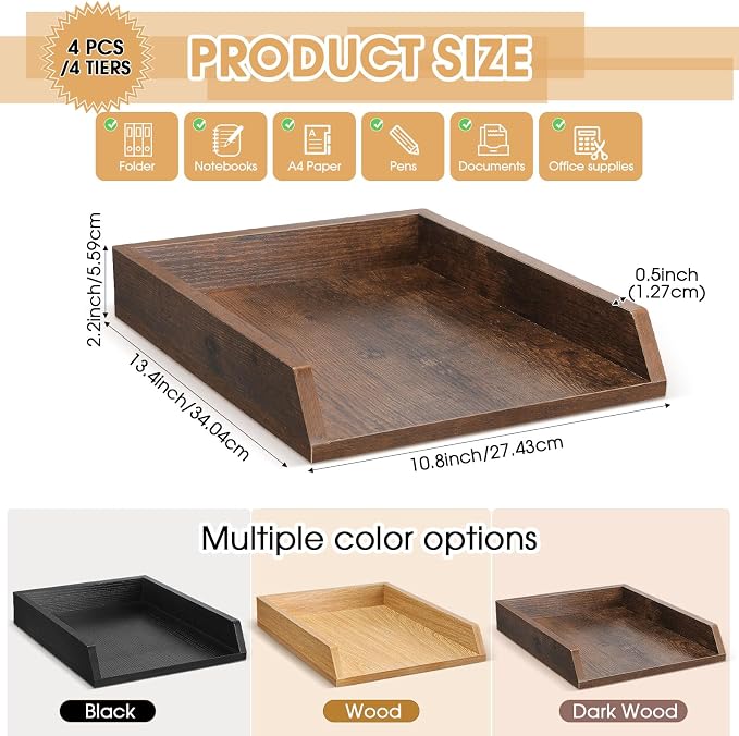 DoubleFill 4 Pcs Wooden Letter Trays 2 Tier Desktop Paper Organizer Wood - Image 2
