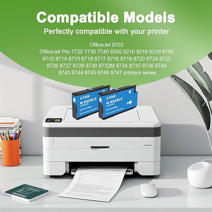 952XL Cyan Ink Cartridges with Upgrade Device Replacement for HP 952 XL Combo Pack for HP Officejet Pro 7740 8720 8710 8210 8715 8740 8702 8730 8725 Printers (952XL Cyan High-Yield 2 Packs)-DeskLoop Office