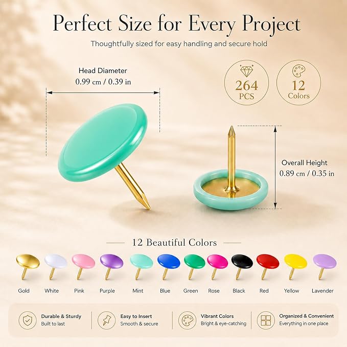 12 Colors Thumb Tacks 264PCS Plastic Round Head Thumbtack Metal Flat Push Pins - Image 3