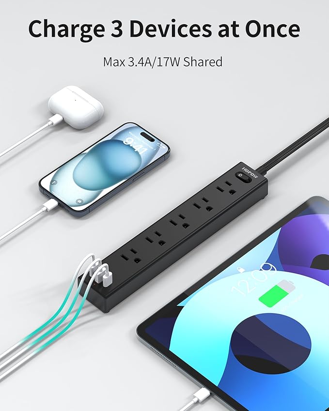 Flat Plug Power Strip, 6 Ft Ultra Thin Extension Cord, Surge Protector with 5 Outlets & 3 USB Ports (2 USB C), 1700 Joules, Wall Mount, Desktop Charging Station for Home Office Dorm, Black-DeskLoop Office