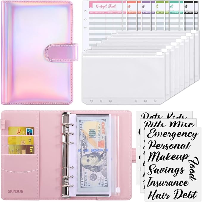 SKYDUE Budget Binder with Cash Envelopes, A6 Size, 20-Page Capacity, 8 Dividers by SKYDUE