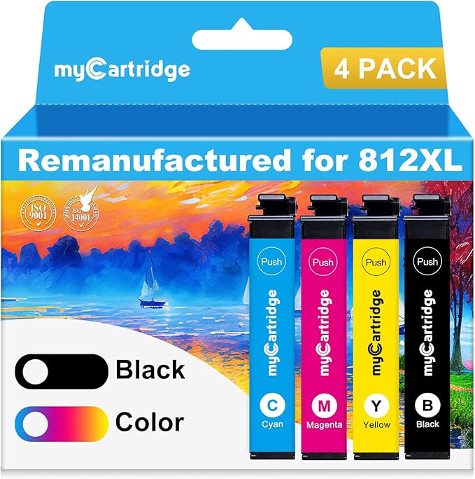 myCartridge 812XL Ink Cartridge Combo Pack Remanufactured for Epson 812 Ink Cartridges for Epson WF-7840 Ink Cartridges for Workforce Pro WF-7820 WF-7840 EC-C7000 Printer,4 Pack(BK/C/M/Y)-DeskLoop Office