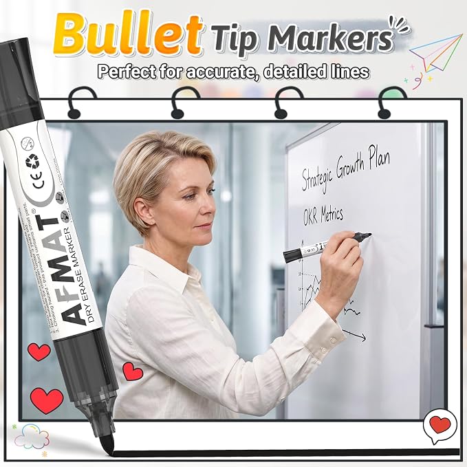 AFMAT Dry Erase Markers, 12-Count Black Whiteboard Markers, Bullet Tip - Image 6