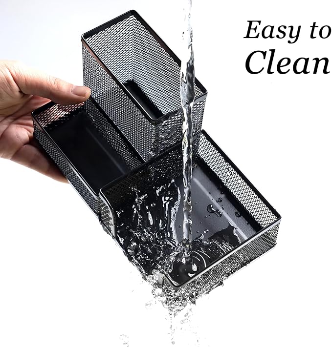 4 Pieces Mesh Pen Holder Desk Organizers and Accessories for Deskop Organizer,3 Compartments Black Pencil Holder for Office Supplies,Gifts for Colleague-DeskLoop Office