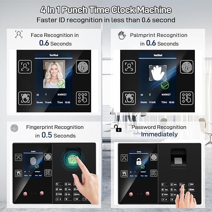 KUIIYER 4 in 1 Employee Time Clocks for Small Business (Face + Fingerprint + Palm Print + PIN) Employee Clock in & Out Machine Attendance Punch Clock-DeskLoop Office