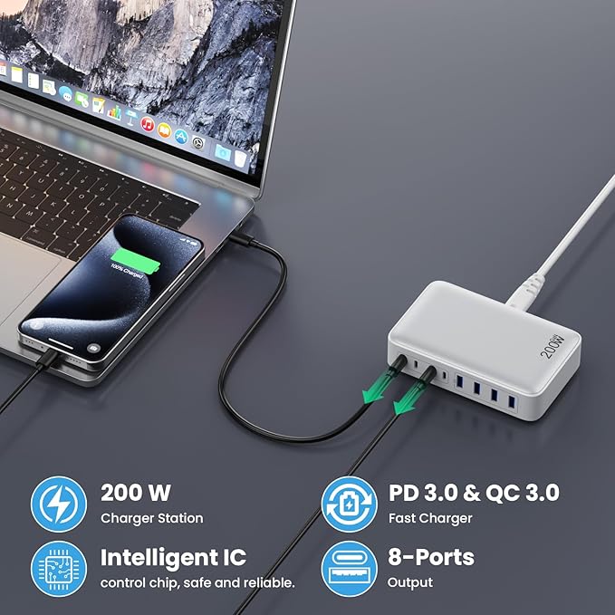 USB C Charger 200W USB C Charger Block,Upgraded GaN III 8-Port Fast Charging Station Hub,PD 65W Laptop Charging Adapter Compatible with MacBook Pro/Air,DELL,Steam Deck,iPhone 16/15/14,Galaxy S23/22-DeskLoop Office