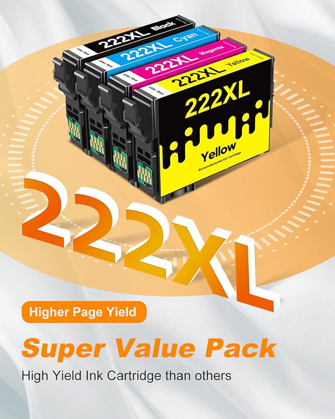 222XL Ink Cartridges Combo Pack Remanufactured Replacement for Epson 222 Ink Cartridges for Epson 222 XL 222XL for Epson XP-5200 Printer for Workforce WF-2960 Printer (4 Pack, 222 Ink)-DeskLoop Office