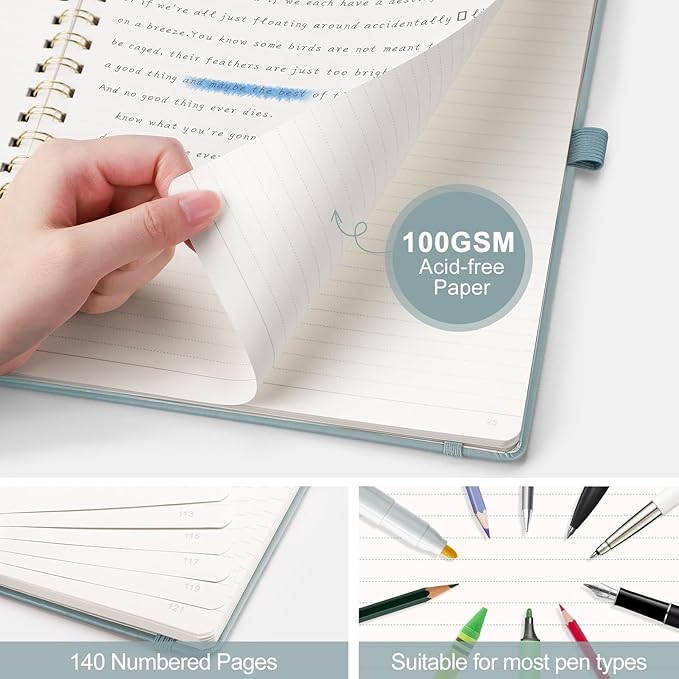 AHGXG Lined Spiral Journal Notebook, B5 Large Notebooks for Women Men, 140 Pages Hardcover Leather Notebook College Ruled, 100 GSM Paper, Notebooks for Work School Note Taking, 7.6" x 10", GrayBlue-DeskLoop Office