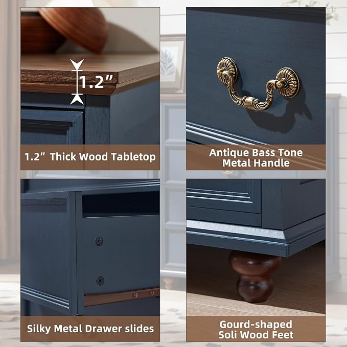 Farmhouse 5 Drawer Dresser Set of 2 for Bedroom, 45" Tall Rustic Chests of Drawers w/ 4 Solid Wood Feet, Mid Century Vintage Wooden Closet Storage Dressers Organizer for Living Room, Navy Blue-DeskLoop Office