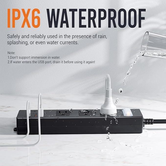 IPX6 Outdoor Power Strip Weatherproof, Waterproof Surge Protector with 3 Wide Outlet with 1A2C USB Ports, 10FT Long Extension Cord, Wall Mountable for Outside Decorations and More UL Listed(Black)-DeskLoop Office