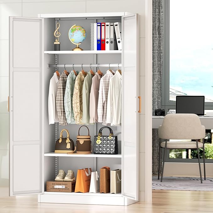 Greenvelly Metal Wardrobe Cabinet with Wooden Handle, 72" Metal Wardrobe Closet with Hanging Rods and Adjustable Shelves, Clothing Storage Closet Cabinet for Home, Office, Employee, Gym (White)-DeskLoop Office