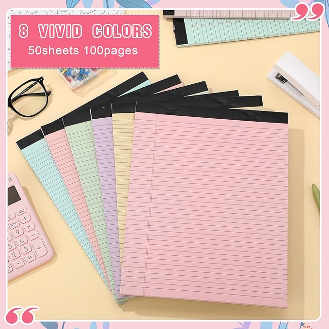 Fuutreo 8 Pcs 8.5'' x 11'' Colored Legal Pad Writing Pads Narrow Ruled 50 Sheets Per Notepad Perforated Writing Notepad Office Supplies for College Office Business (Macaron Color)-DeskLoop Office