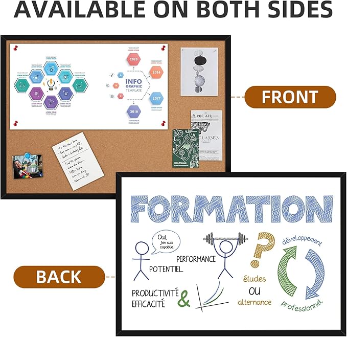 20” x 28” Cork Boards for Walls with Black Wooden Frame 1pack, Whiteboard and Cork Board Combo Double Sided Office Board for Wall Organizer, Bulletins Board Hanging Pin Board for School Home Office-DeskLoop Office