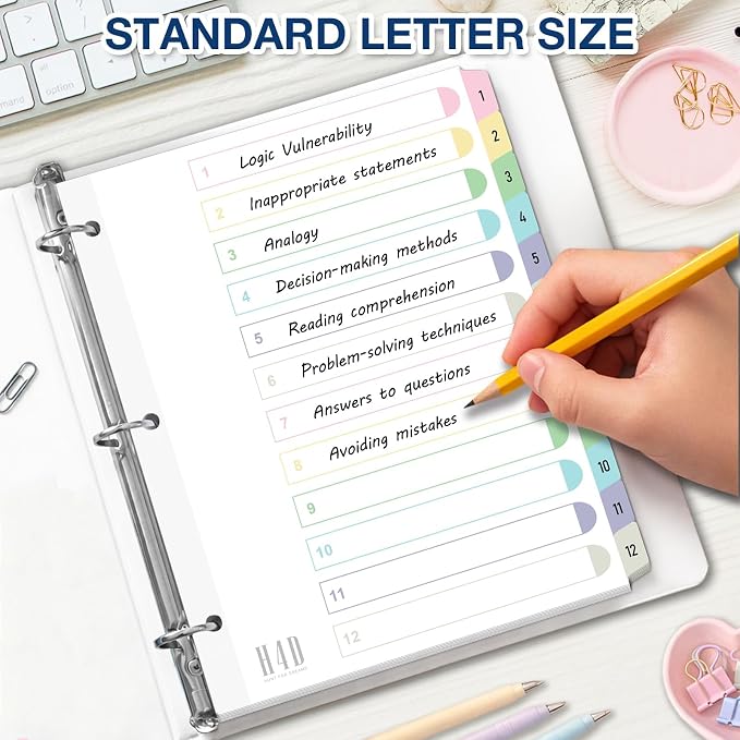 H4D 12 Tab Dividers for 3-Ring Binder, Numbered 1-12 Multicolor Tabs - Image 3