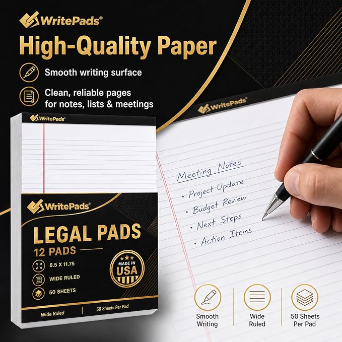 Legal Pads 8.5 x 11.75 Inch Wide Ruled Writing Pads, 12 Pack Note Pads - Image 3