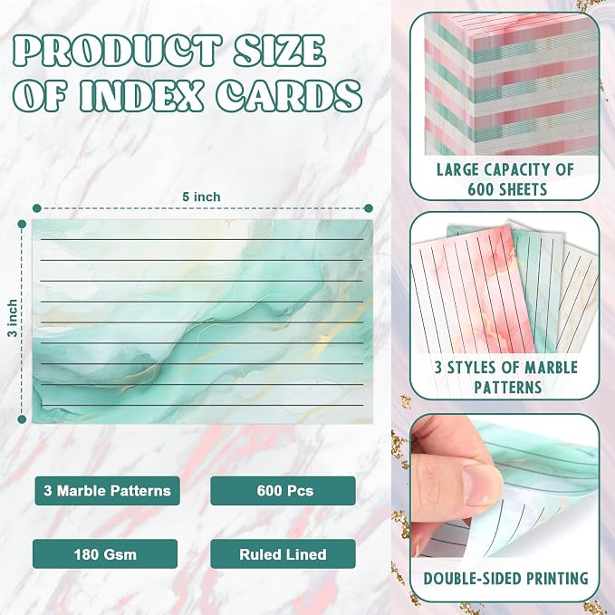 600 Pack Colored Index Cards 3x5 Marble Notecards Lined FlashCards - Image 2