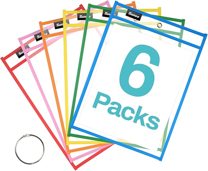 SUNEE 6 Packs Oversized Reusable Dry Erase Pocket Sleeves by SUNEE