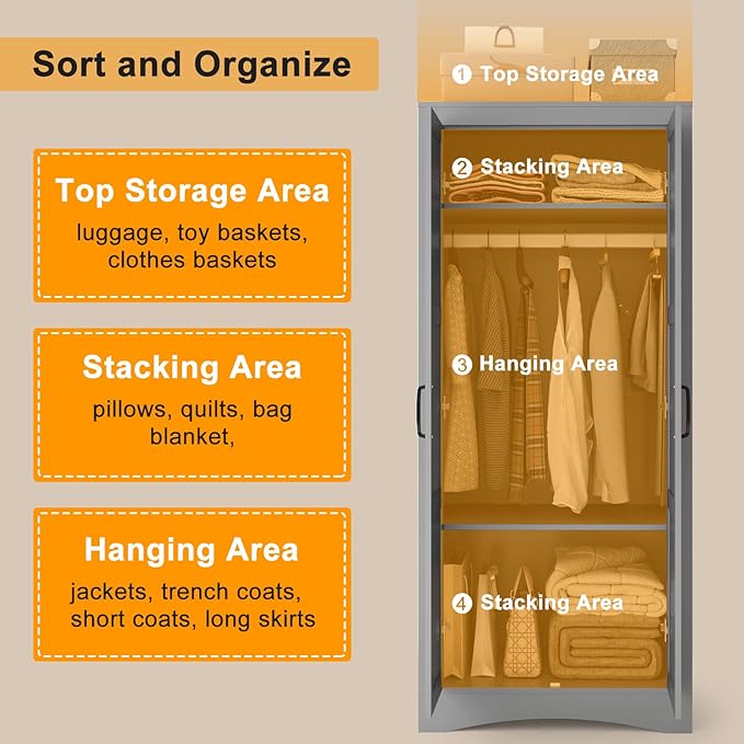 2 Door Wardrobe Closet, Wood Armoire with 2 Shelves and Hanging Rod, Freestanding Tall Storage Cabinet, Bedroom and Guest Room Armoire Cabinet for Clothes Storage, Gray-DeskLoop Office