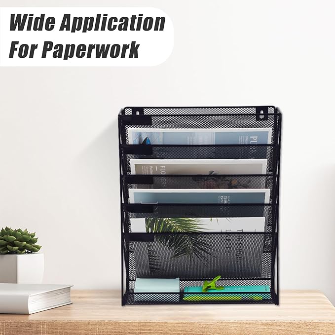 EASEPRES 6 Tier Mesh Hanging Wall File Organizer, Desk Mail Paper Document Folder Holder, Clipboard Storage Organization Magazine Rack with Bottom Tray and Nametag Label for Office Home School, Black-DeskLoop Office